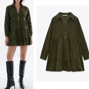 Zara corduroy style button down long sleeve olive green rustic dress khaki green